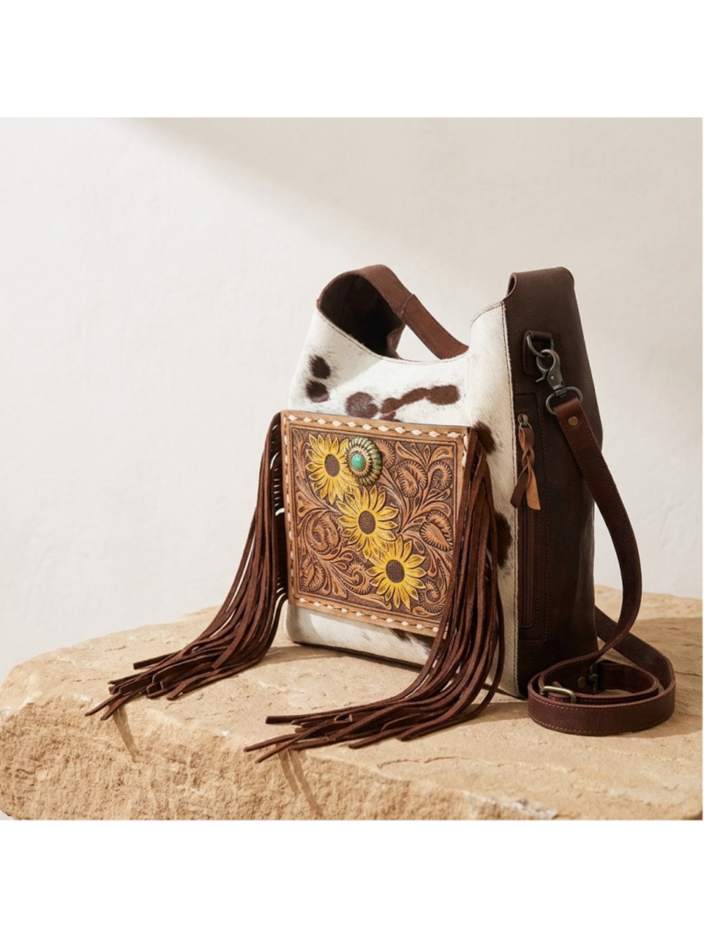 American Darling Boho Sunflower Floral Hair-On Hobo Bag